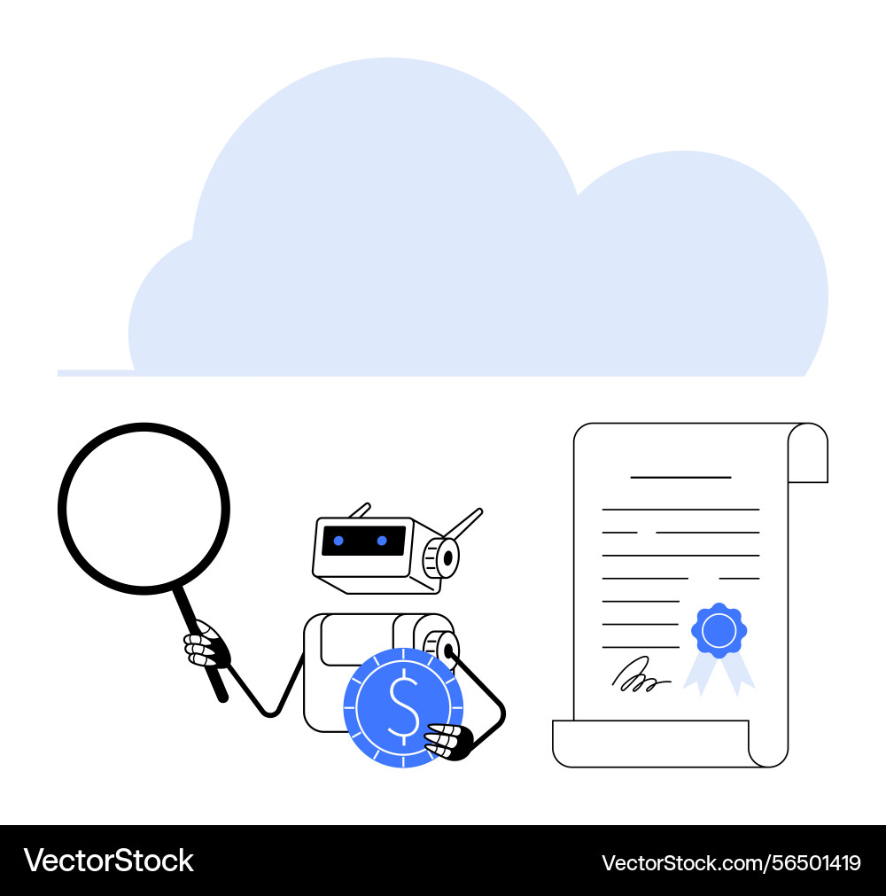 Ai robot reviewing financial data with magnifier Ai robot reviewing financial data with magnifier vector image