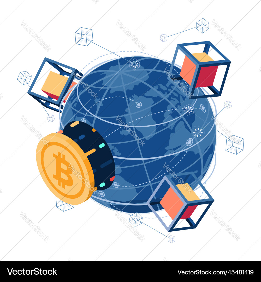 Isometric bitcoin and blockchain technology Vector Image