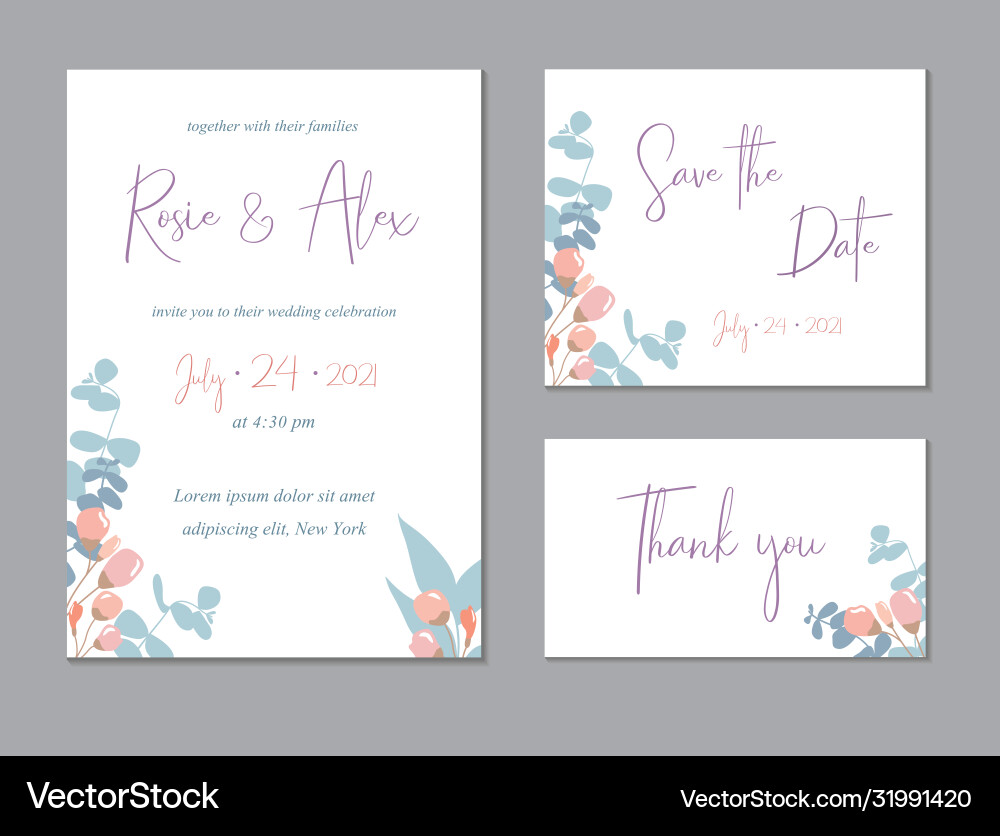 Save date card templates set with eucalyptus Save date card templates set with eucalyptus vector image