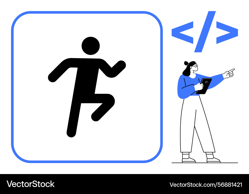 Developer pointing at coding symbol with running Developer pointing at coding symbol with running vector image
