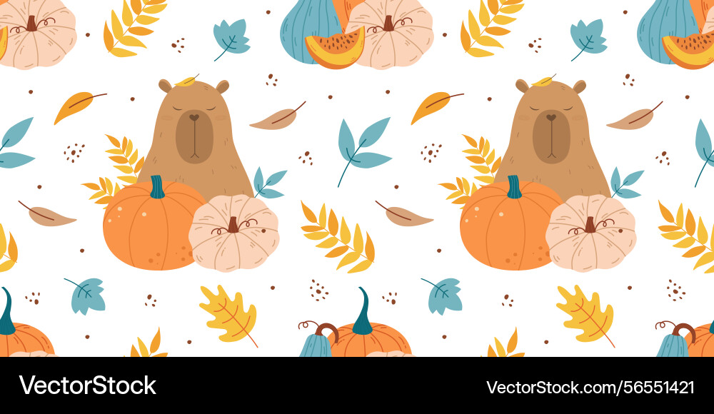 Funny capybara with pumpkins autumn pattern Funny capybara with pumpkins autumn pattern vector image