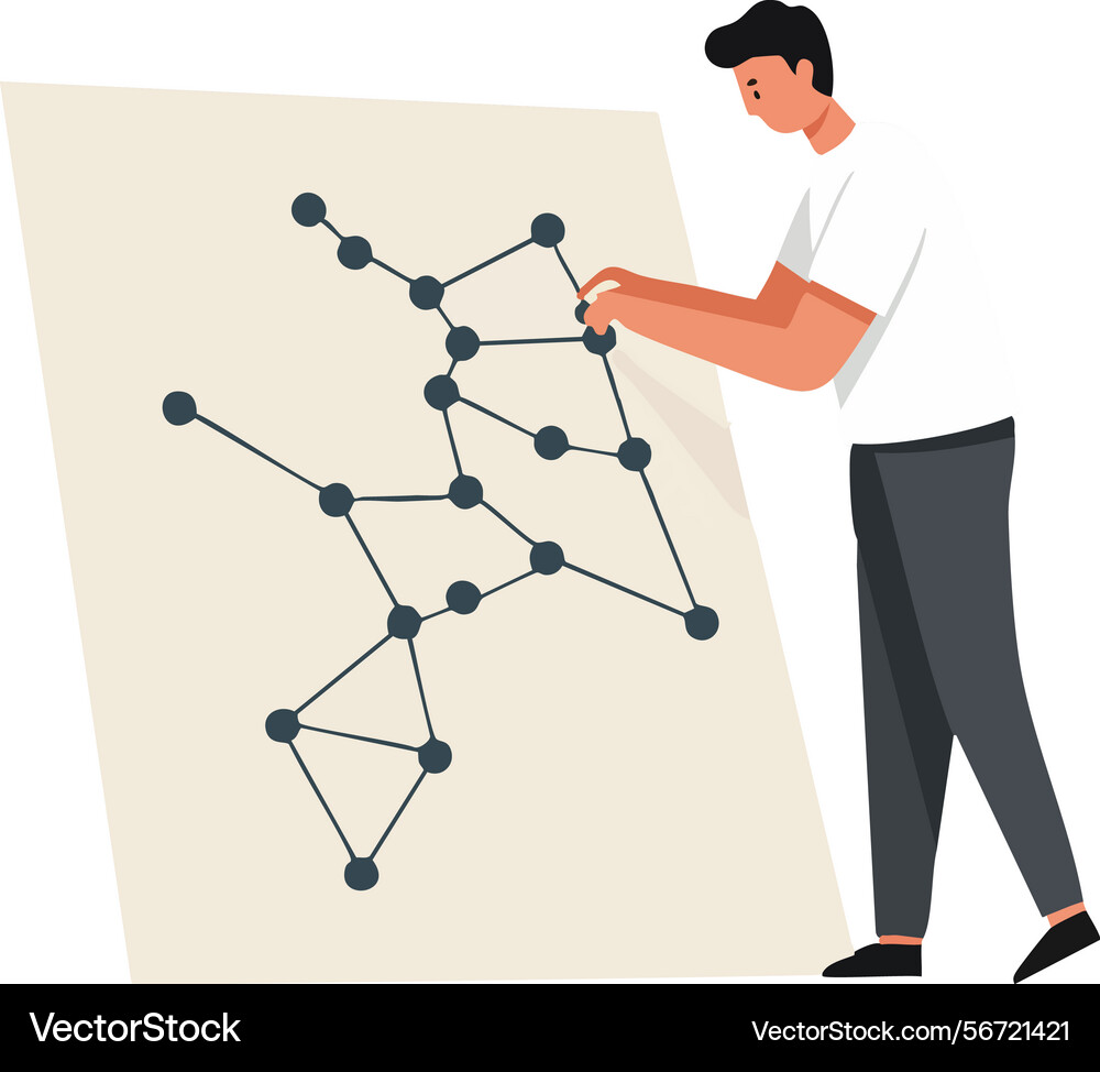 Man connecting dots on large network diagram Vector Image