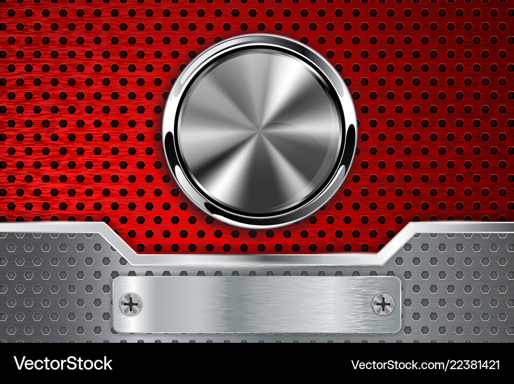 Red perforated background with chrome round button Vector Image