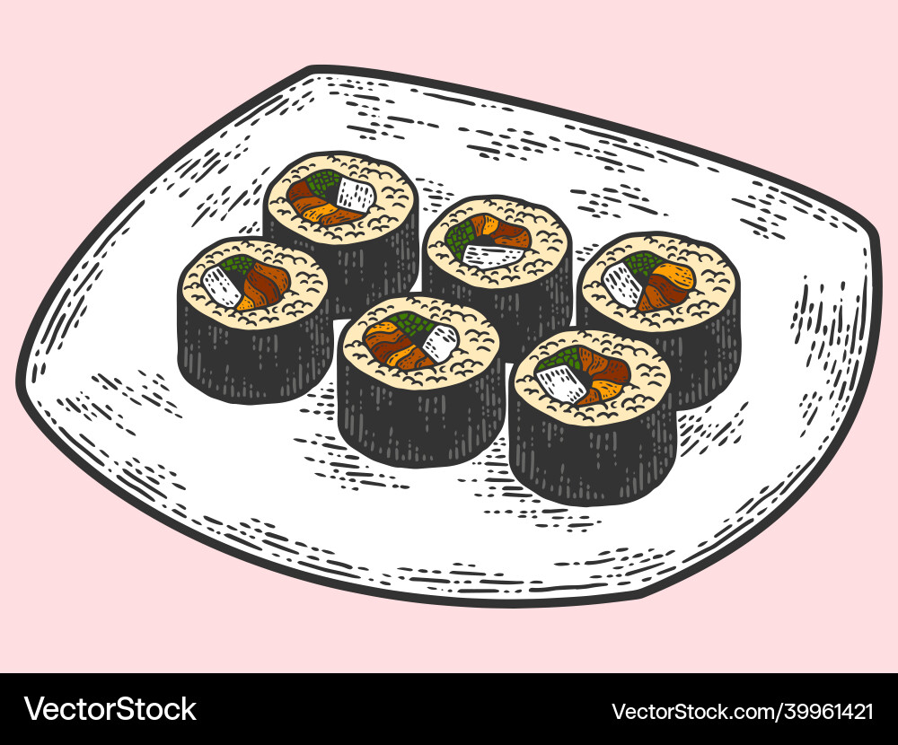 Sushi plate set japanese food color sketch Sushi plate set japanese food color sketch vector image