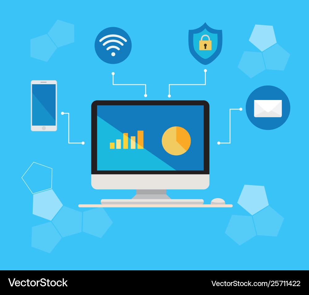 Computer keyboard with media element network vector image