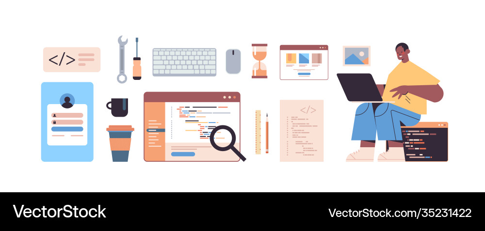 Male web developer using laptop creating program Male web developer using laptop creating program Vector Image