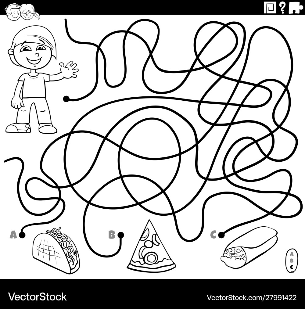 Maze game with boy and food objects color book Maze game with boy and food objects color book vector image