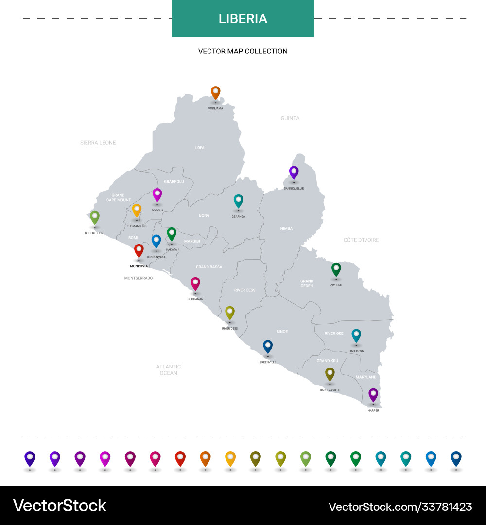 Liberia map with location pointer marks Liberia map with location pointer marks vector image