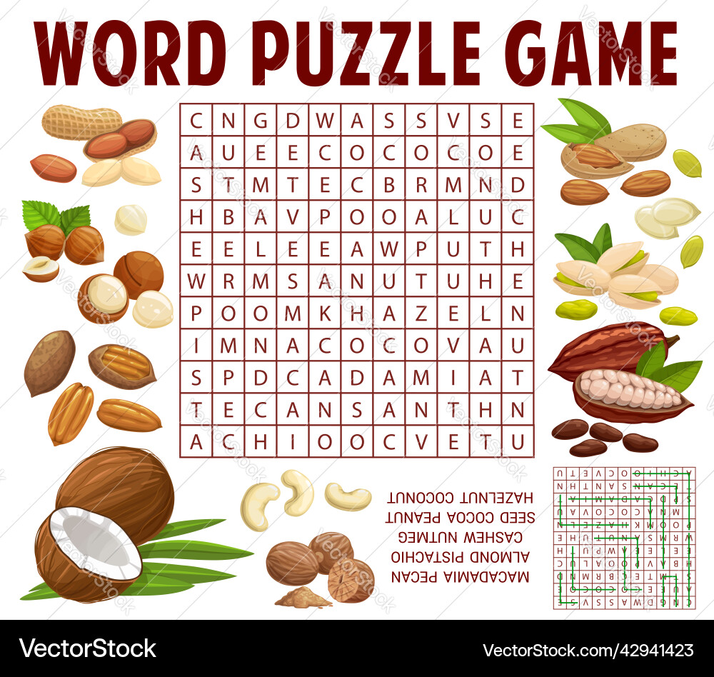 Nuts and kernels word search puzzle game worksheet Nuts and kernels word search puzzle game worksheet vector image