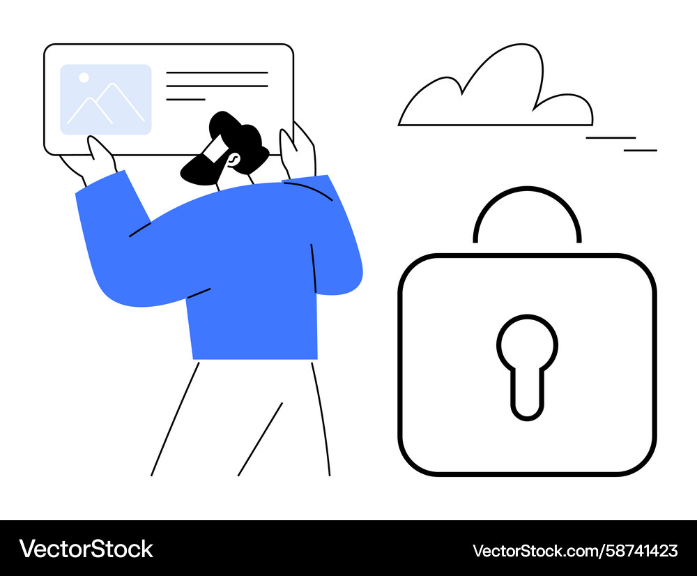 User reviewing data on tablet next to cloud Vector Image