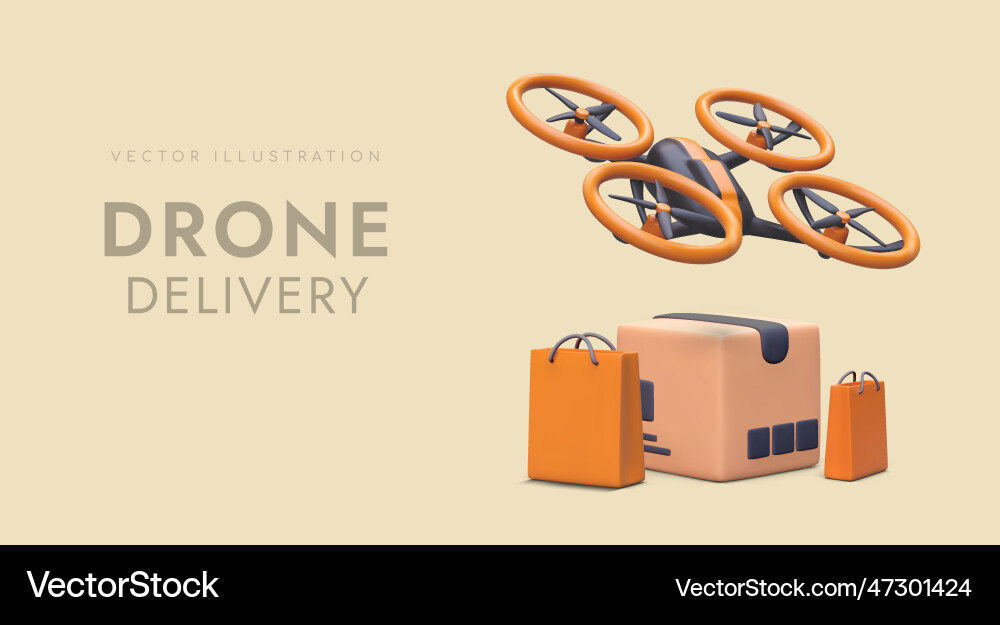 3d realistic drone shopping bags and cartoon box 3d realistic drone shopping bags and cartoon box Vector Image