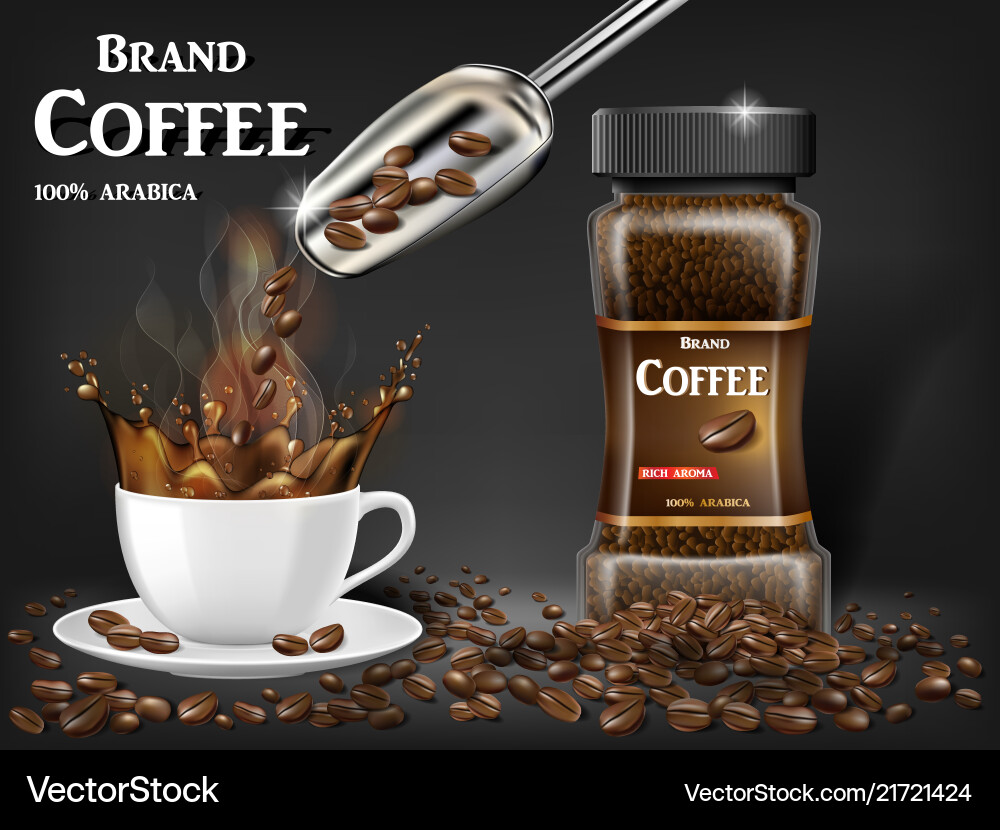 Black instant coffee cup with splash and beans ads Black instant coffee cup with splash and beans ads vector image