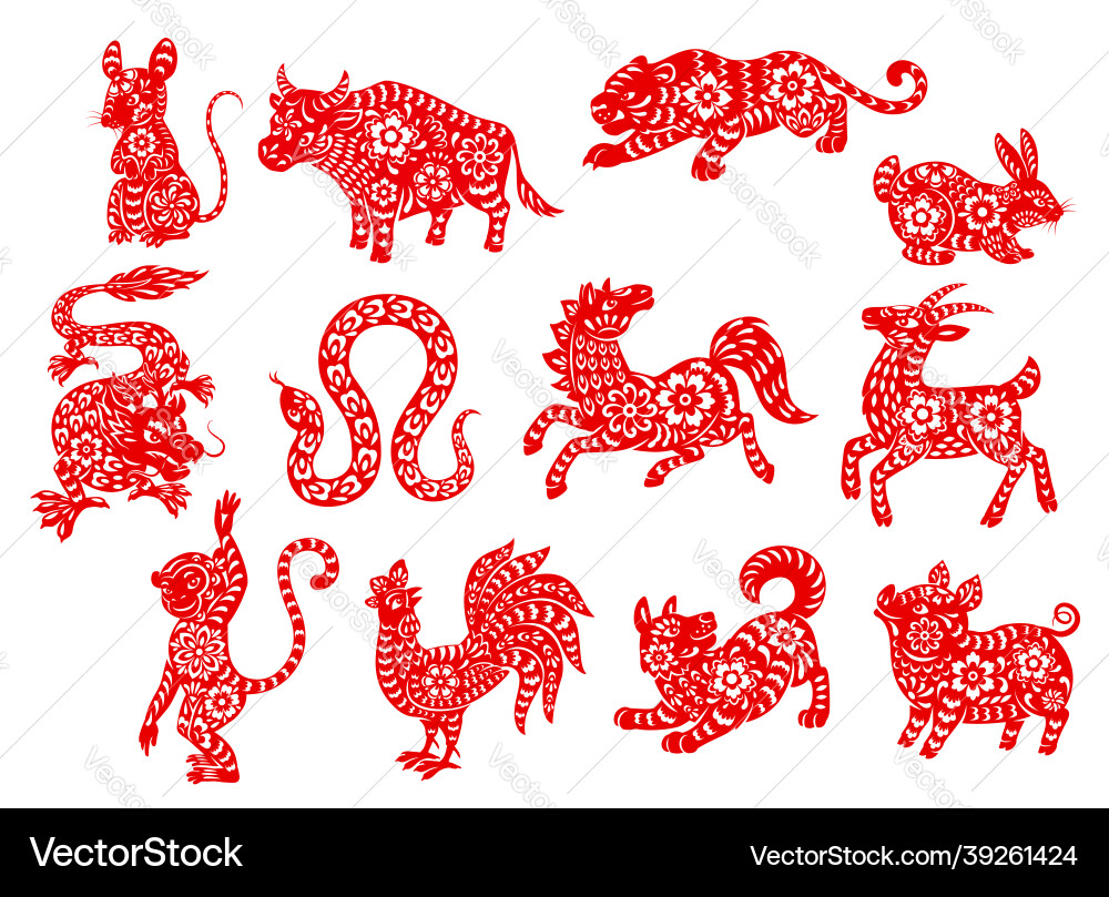 Chinesische Tierkreisel Horoskop Tiere des roten Papierschnitts Chinesische Tierkreisel Horoskop Tiere des roten Papierschnitts vektorbild
