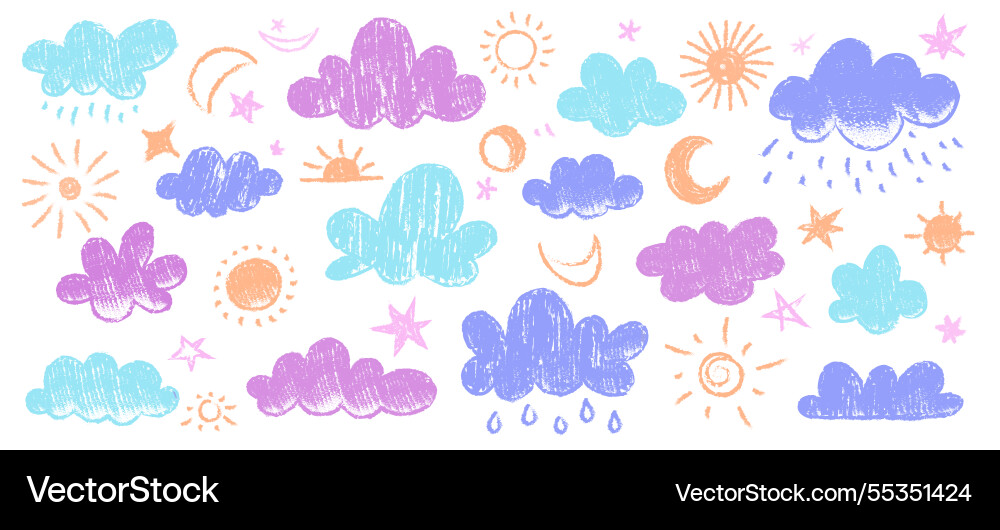 Crayon Kinderwetter gesetzt doodle kindische Sonnenwolke Crayon Kinderwetter gesetzt doodle kindische Sonnenwolke vektorbild