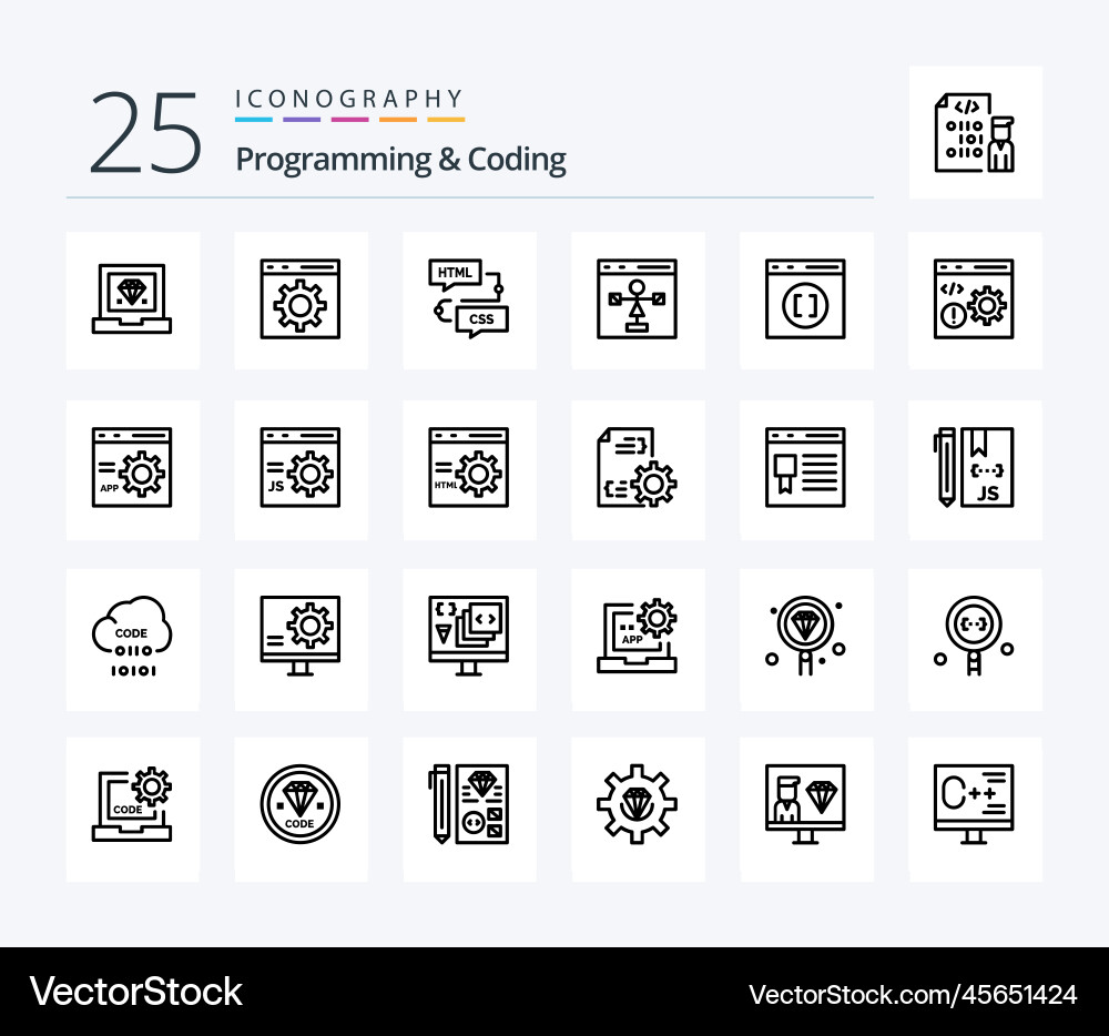 Programming and coding 25 line icon pack vector image