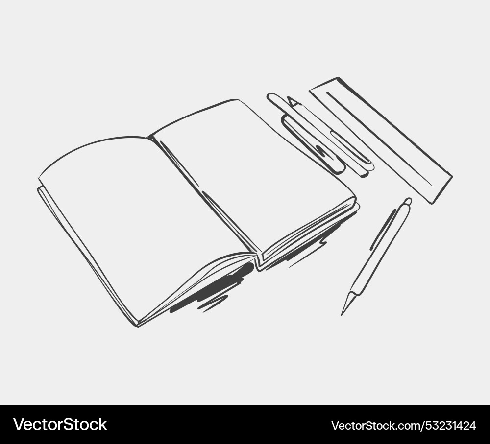 Sketch of an open notebook with pen vector image
