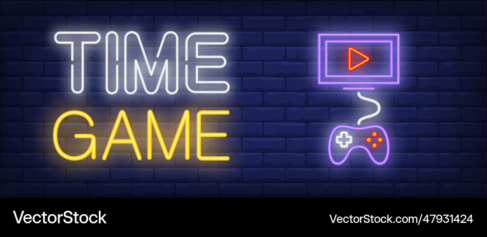 Time game neon text with joystick and monitor Vector Image