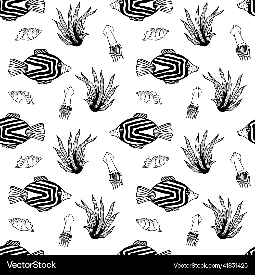 Seamless pattern with fishes squid and shells Seamless pattern with fishes squid and shells Vector Image