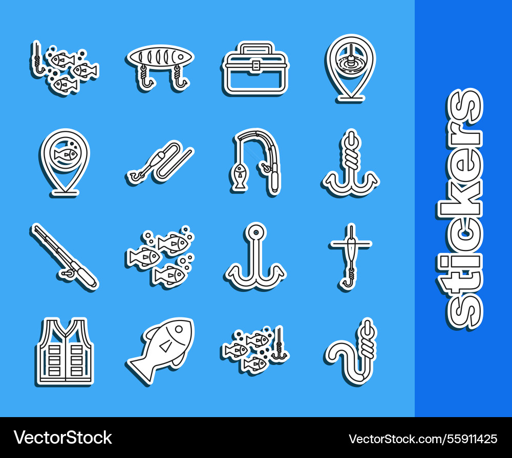 Set line fishing hook and worm float case box vector image