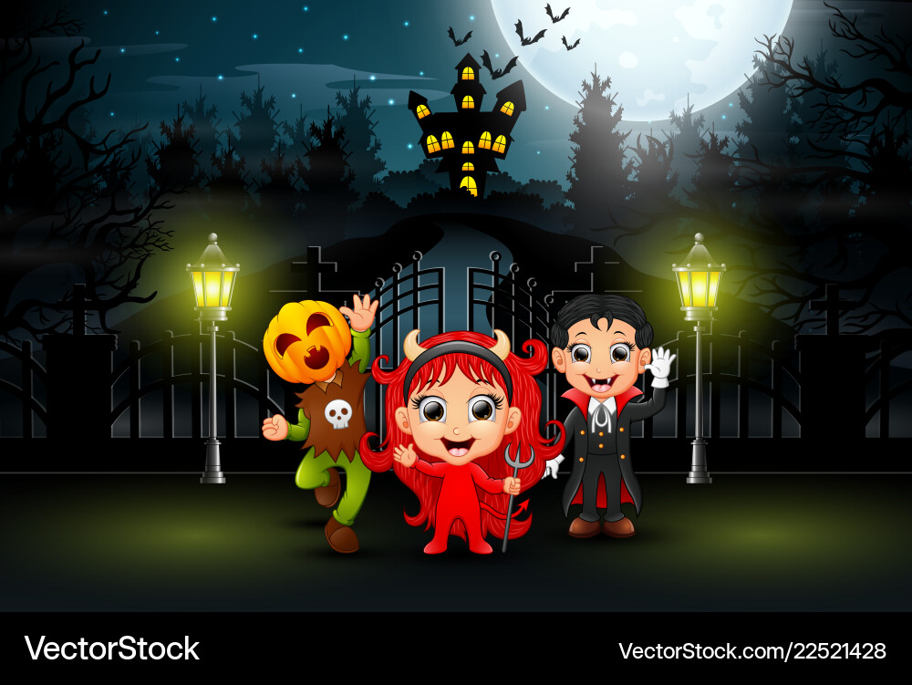 Happy kids wearing halloween costume outdoors at n vector image
