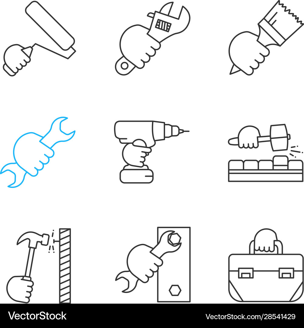 Hands holding instruments linear icons set Hands holding instruments linear icons set Vector Image