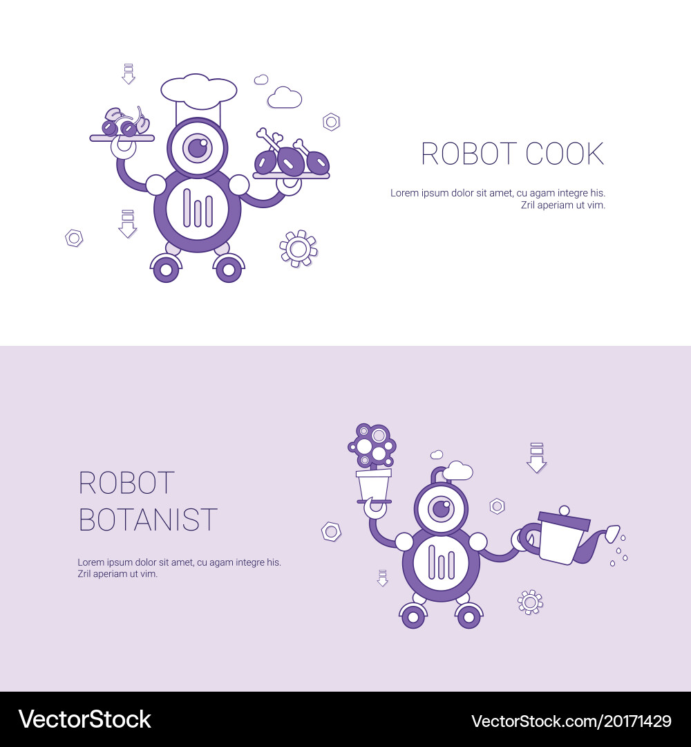 Robot cook and botanist concept template web vector image