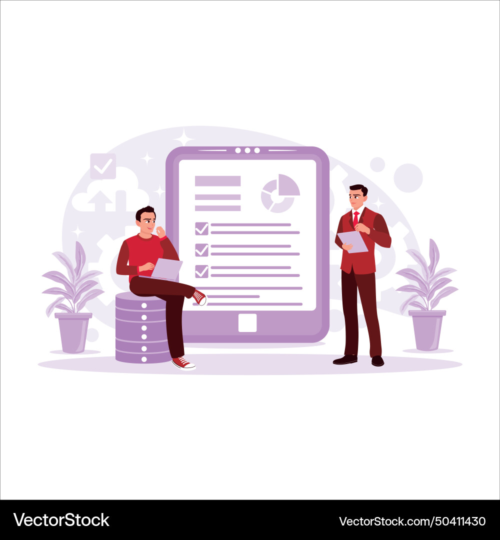 Boss with a digital tablet controls instant data vector image