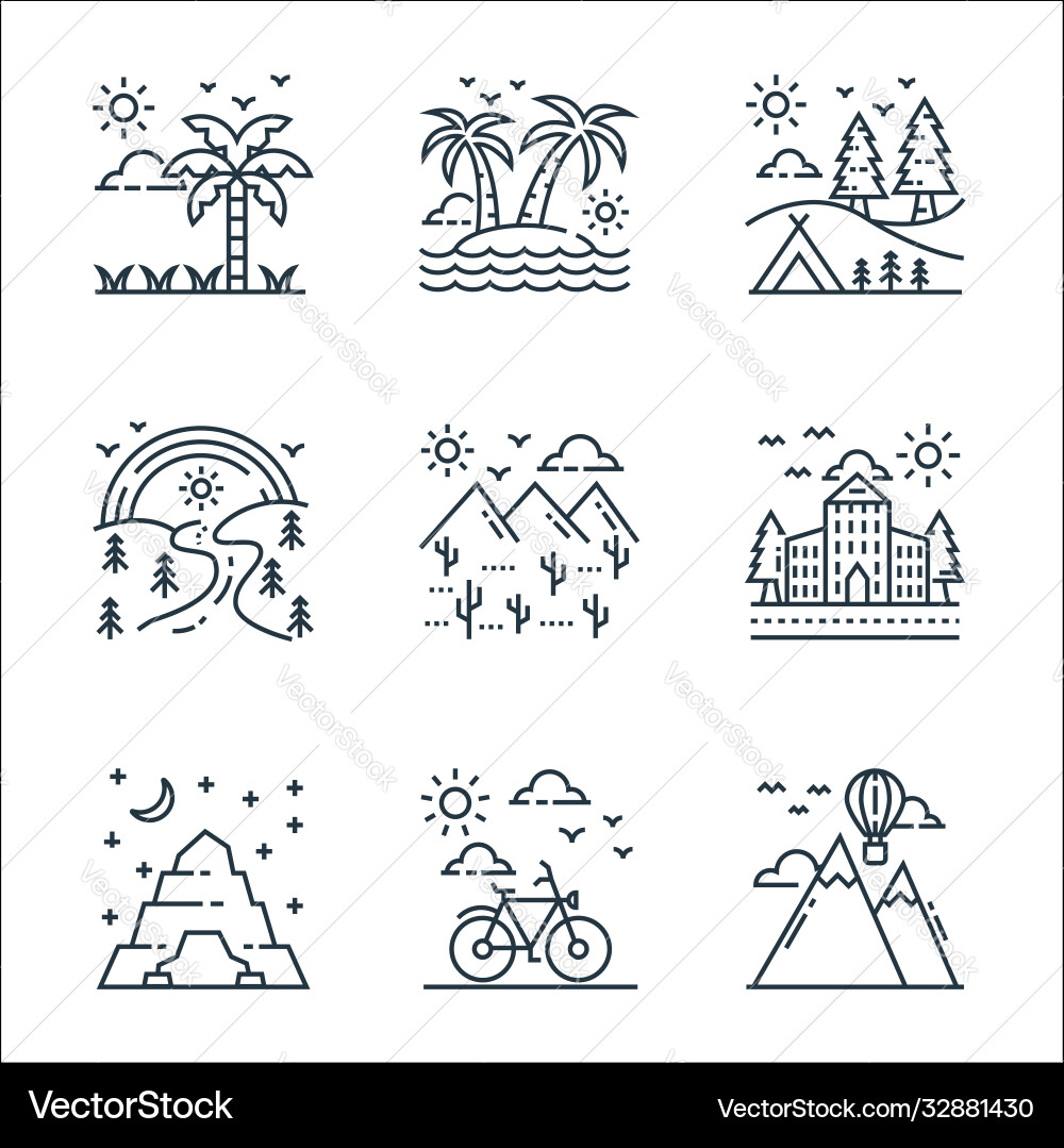 Nature and landscape line icons linear set Nature and landscape line icons linear set vector image