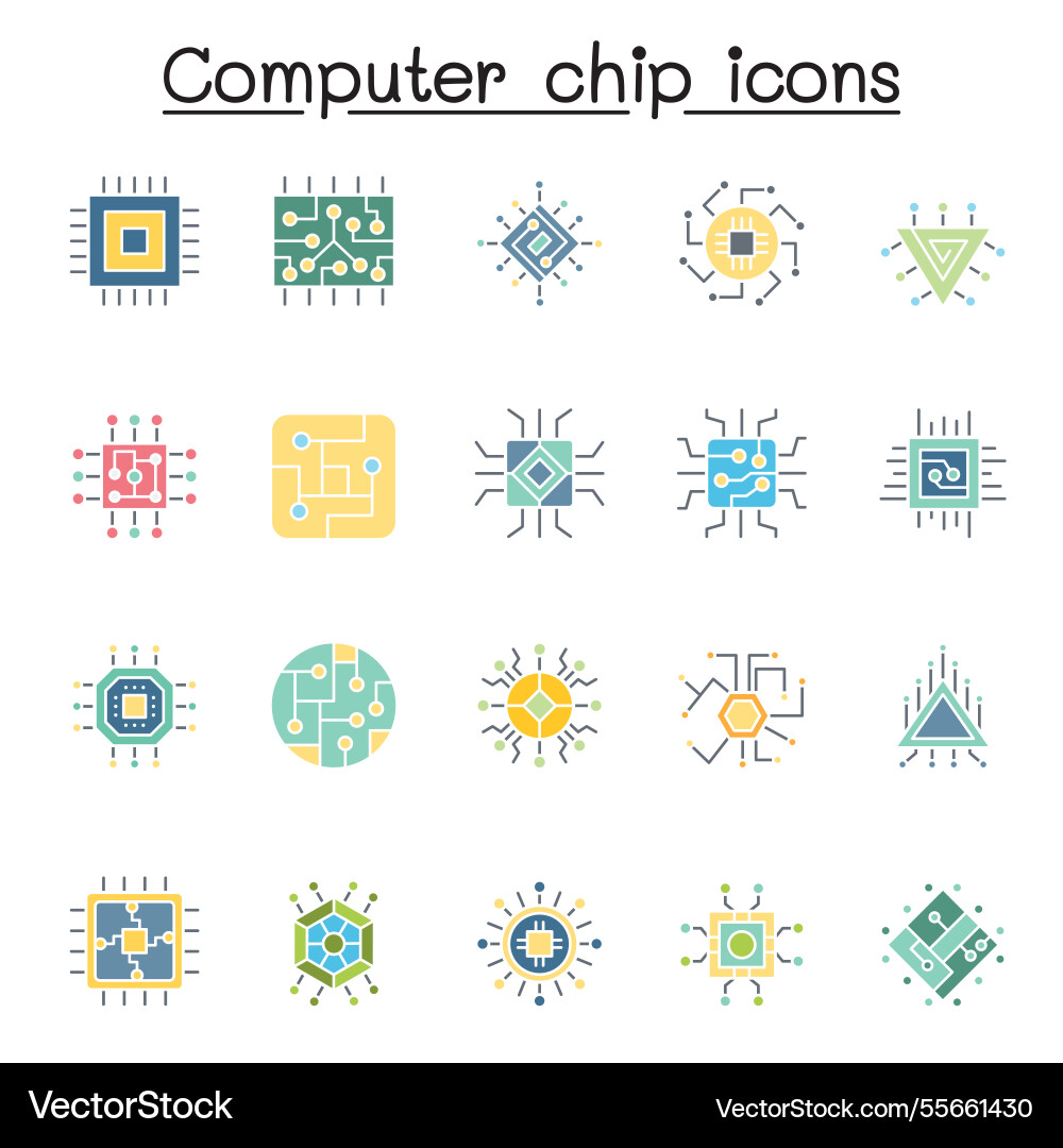 Set of computer chip related icon contains Set of computer chip related icon contains vector image