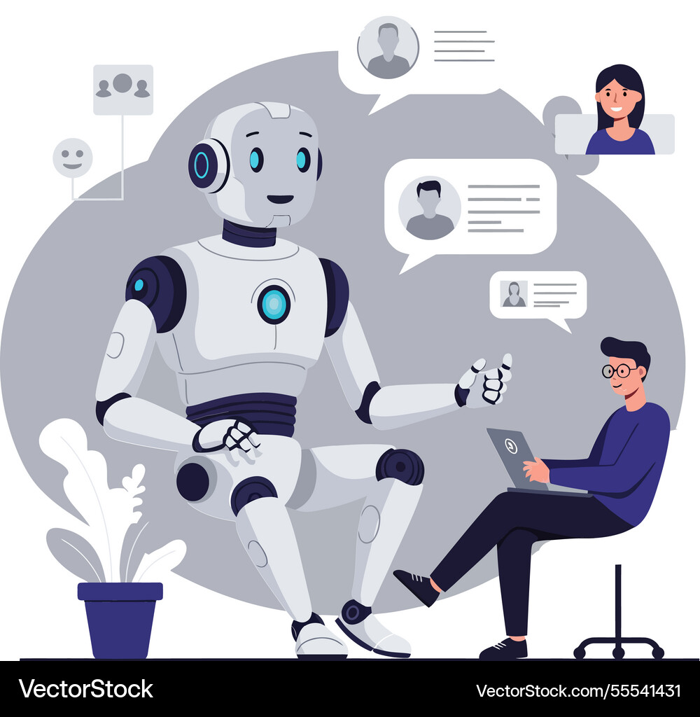 Friendly robot interacting with a person in flat vector image