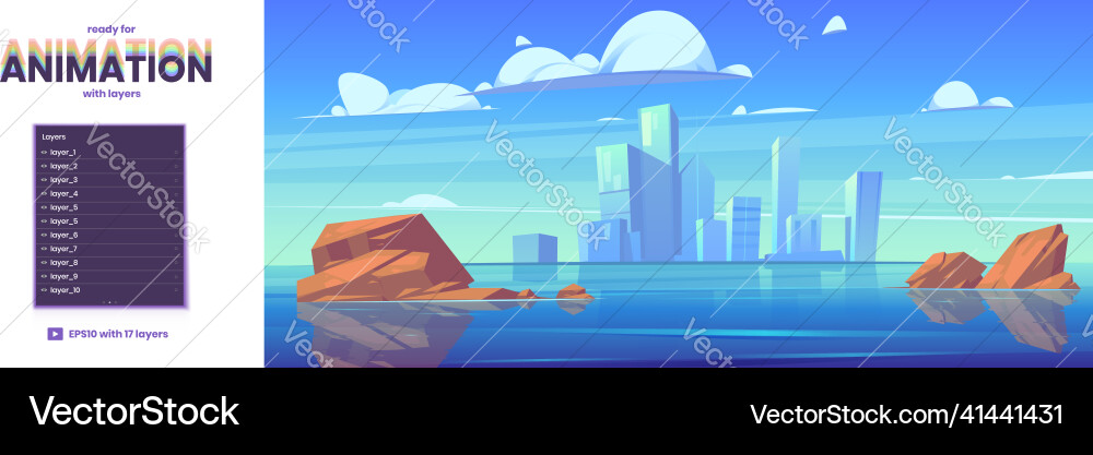 Parallax background with lake and town on skyline Parallax background with lake and town on skyline vector image