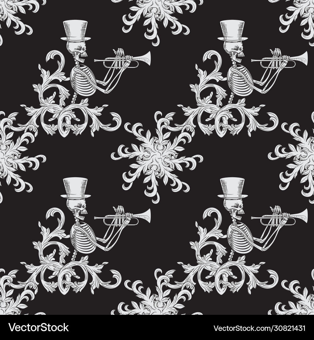 Seamless pattern a skeleton in hat playing Seamless pattern a skeleton in hat playing vector image
