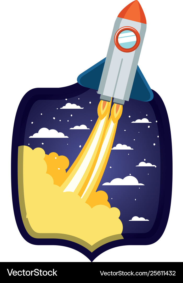 Frame with rocket taking off in clouds background vector image