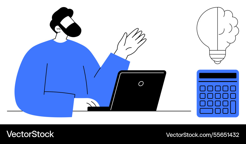Man with laptop gesturing toward a calculator Man with laptop gesturing toward a calculator vector image
