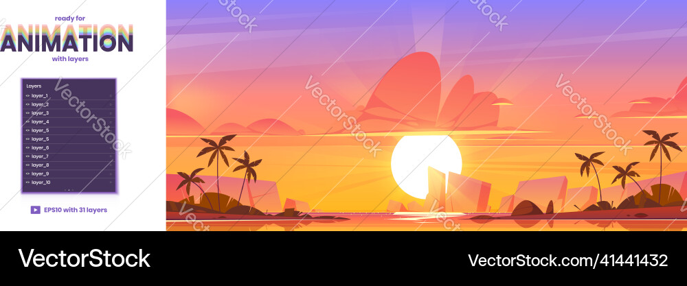 Parallax Hintergrund mit Meereslandschaft bei Sonnenuntergang Parallax Hintergrund mit Meereslandschaft bei Sonnenuntergang vektorbild