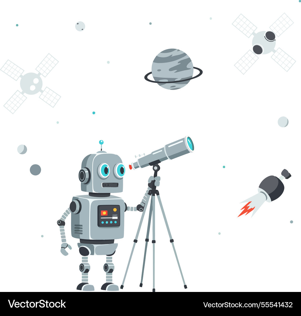 Robot exploring space with telescope in flat art Robot exploring space with telescope in flat art vector image