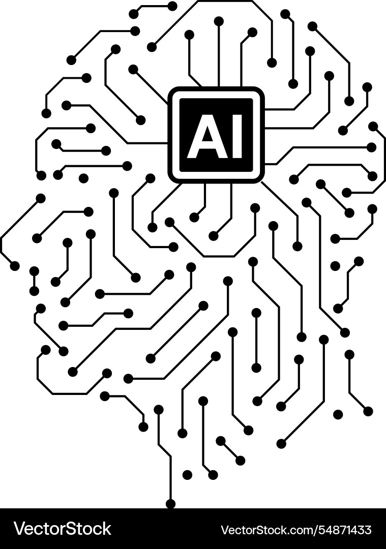 A black and white image of brain with computer A black and white image of brain with computer Vector Image