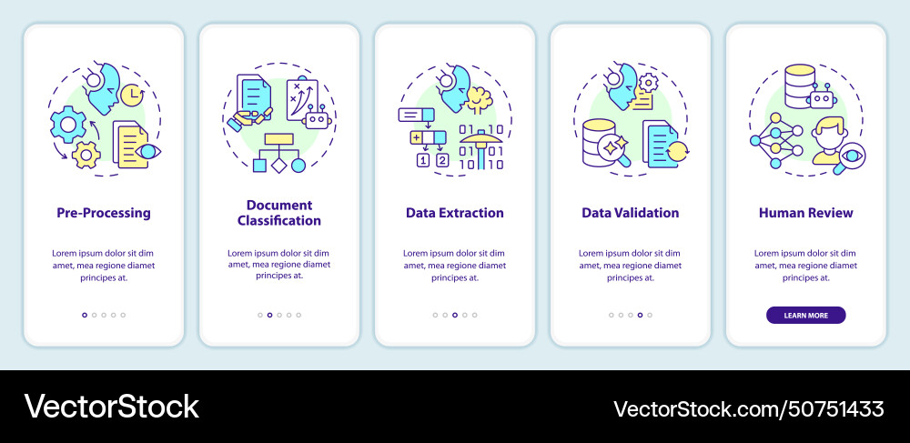 Document processing stages onboarding mobile app Document processing stages onboarding mobile app Vector Image
