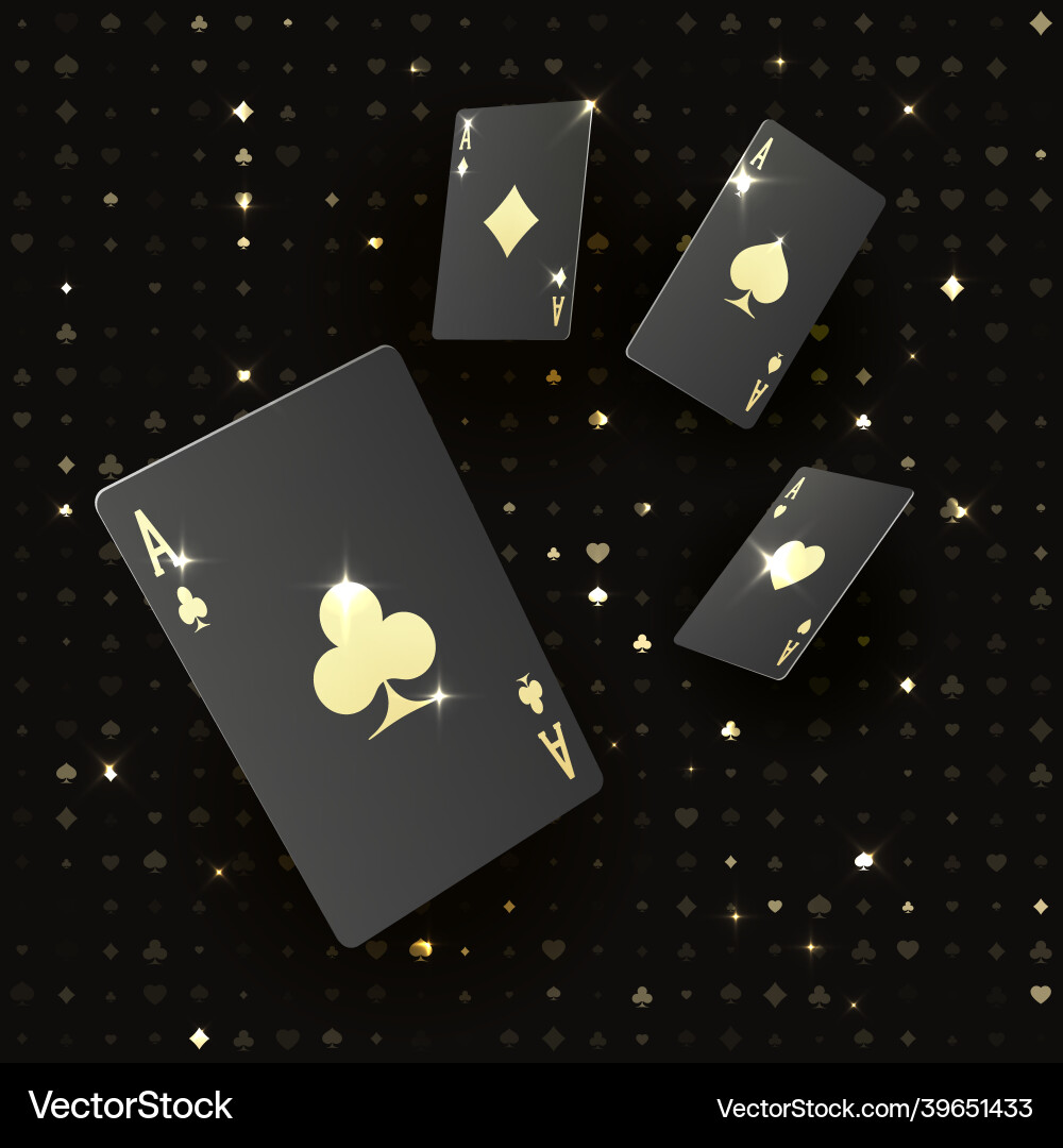 Four black poker cards with gold suit quads vector image