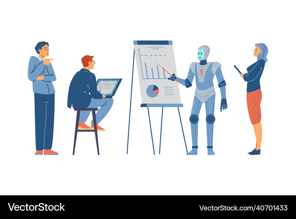 Robot makes presentation with flipchart at work Vector Image