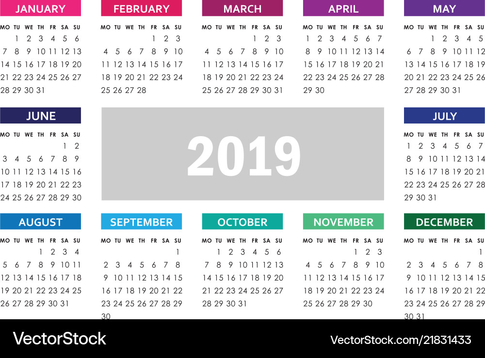 Simple calendar for 2019 year week starts monday Simple calendar for 2019 year week starts monday vector image