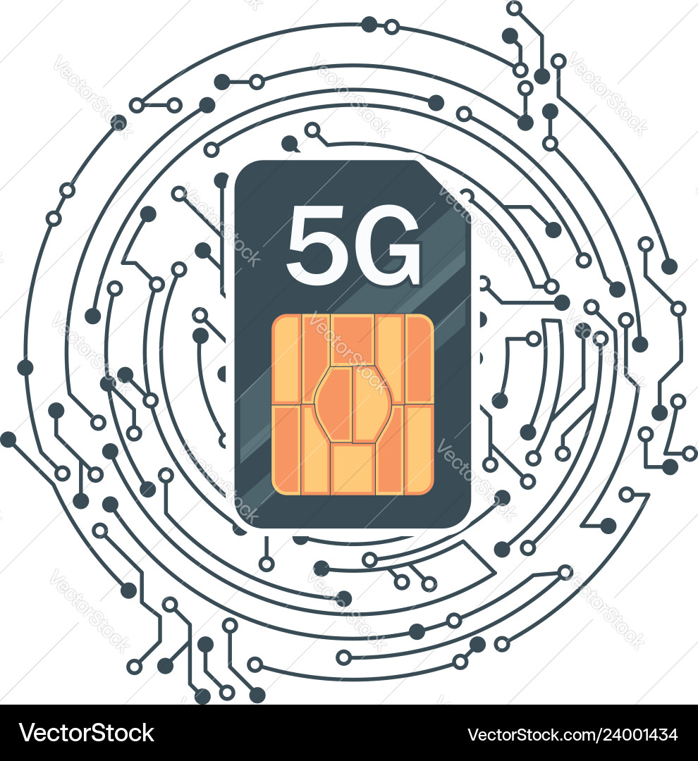 Flat 5g sim card with microelectronics Flat 5g sim card with microelectronics vector image