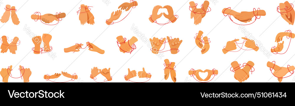 Hands tied red thread icons set cartoon Hands tied red thread icons set cartoon vector image