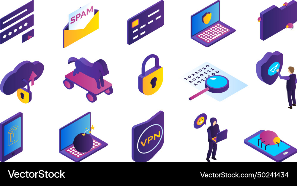 Isometric hacker icons set Isometric hacker icons set vector image