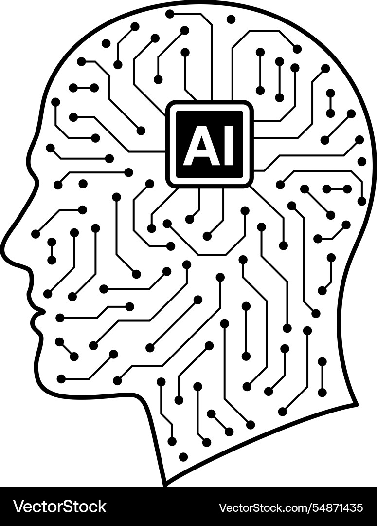 A black and white image of brain with computer A black and white image of brain with computer vector image