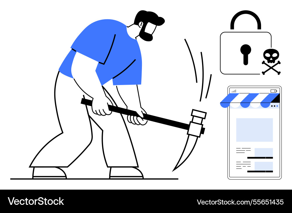 Man hacking into secured systems with a pickaxe Man hacking into secured systems with a pickaxe vector image