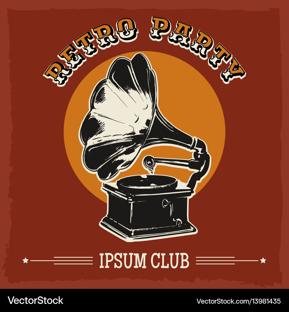 Retro Party Emblem mit Grammophon Retro Party Emblem mit Grammophon Vektorbild