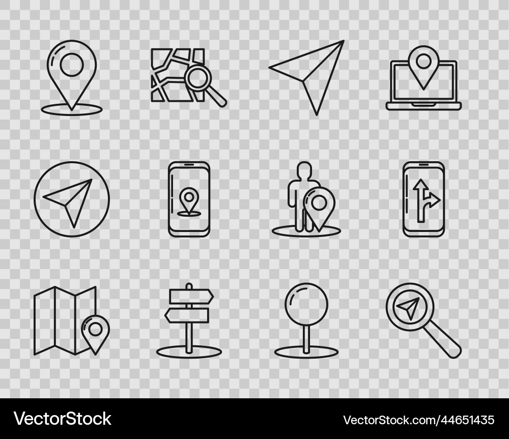 Set line folded map with location marker search Set line folded map with location marker search vector image