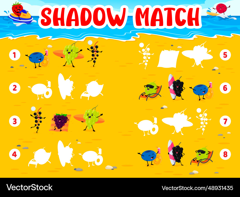 Shadow match game with berry characters on beach Shadow match game with berry characters on beach vector image