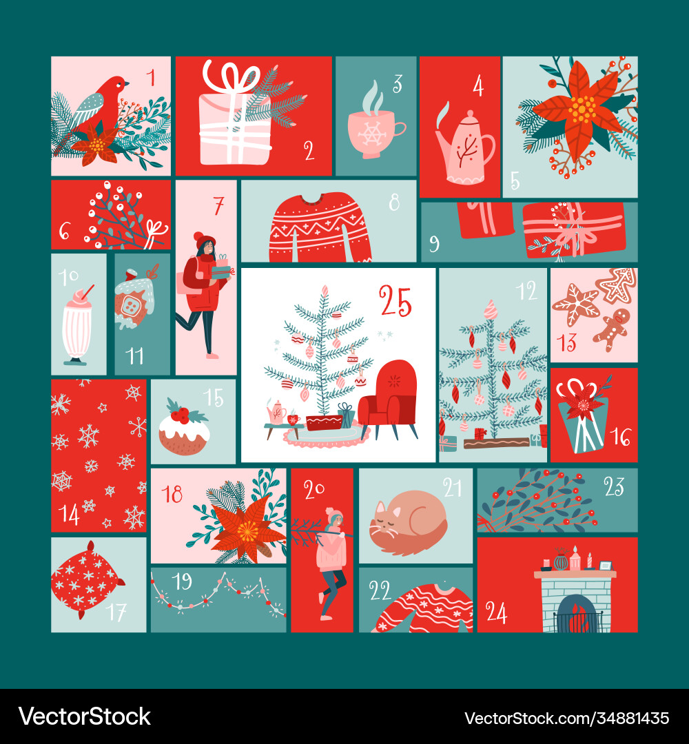 Square advent calendar with christmas elements Square advent calendar with christmas elements vector image